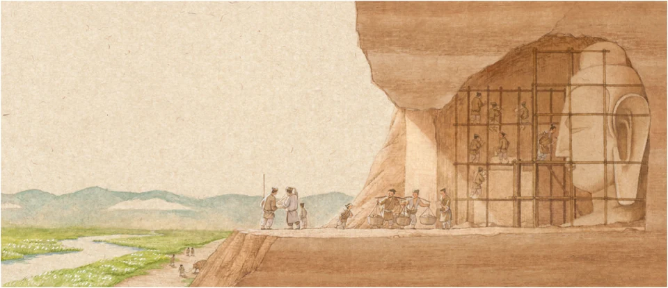 『小さな石工：雲岡の物語』：遠い山と石窟の工事現場