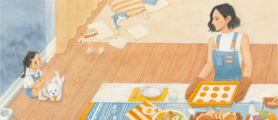 『ママは海の魔女』：家で朝食を用意する母と子
