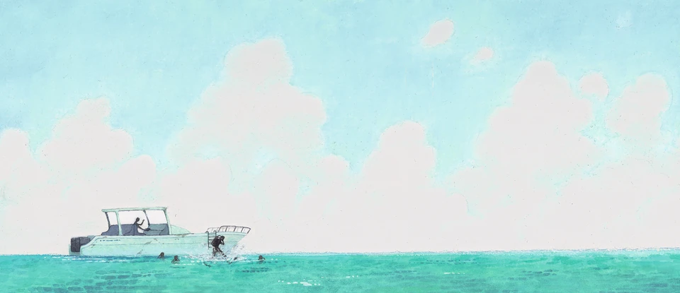 『ママは海の魔女』：海に浮かぶ白い船