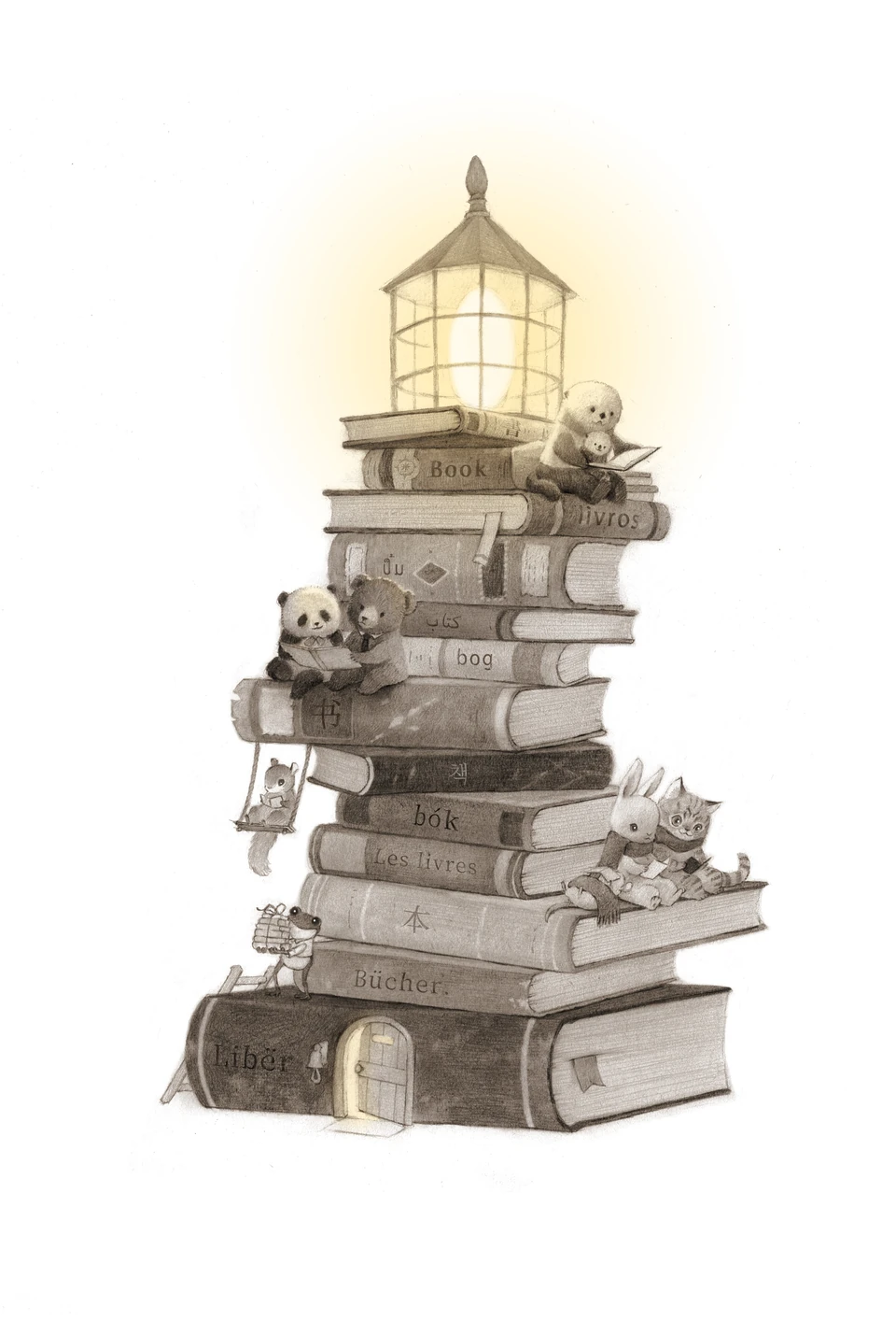 A lighthouse made of books and a lamp with animals gathered above