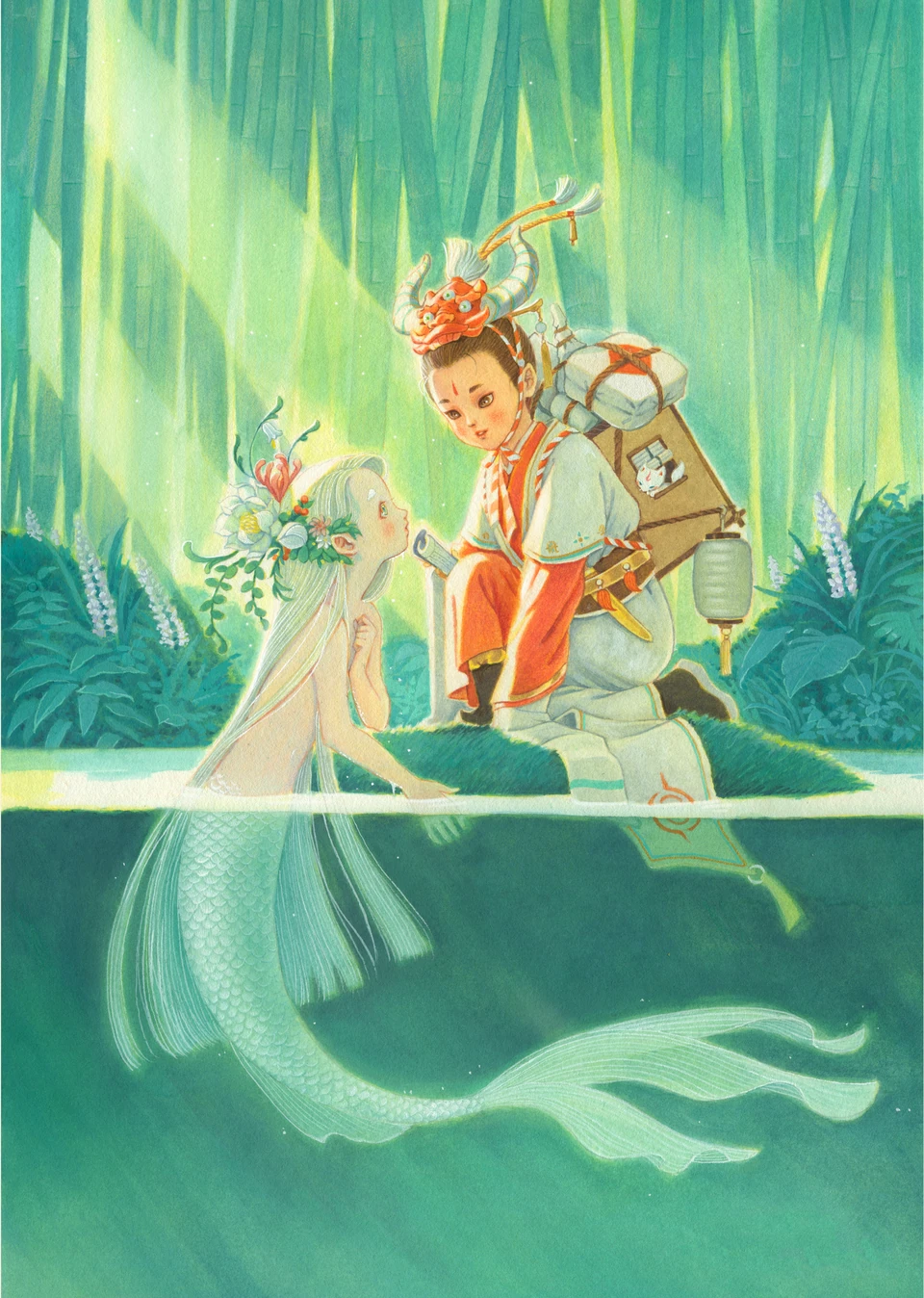 Qian Ju and Mermaid, figures beside green water