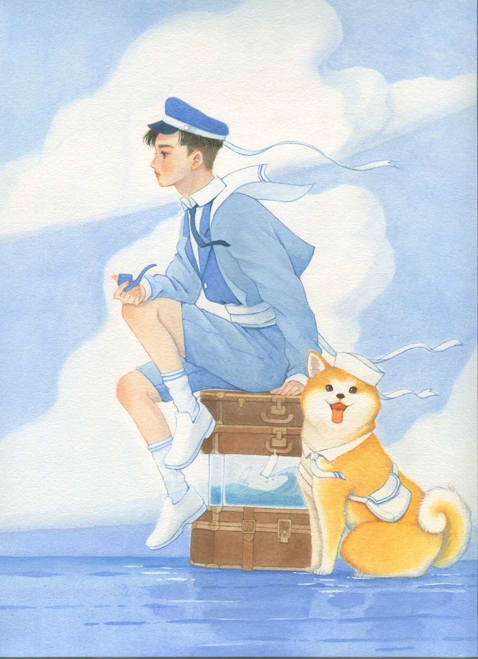 海洋の少年、青空の下の少年と動物