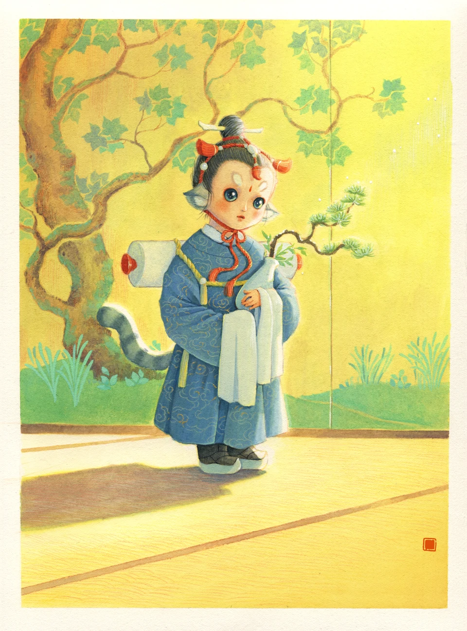 Blue-clothed feline character holding a ritual vase