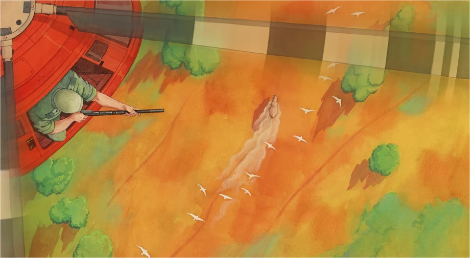 People and a rhinoceros seen from above on orange ground