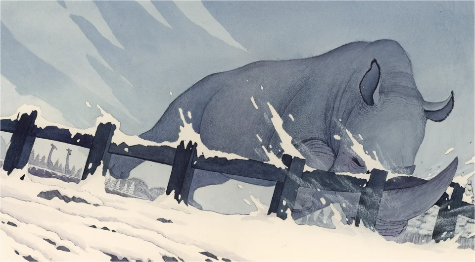 Sudan beside a fence in the snow