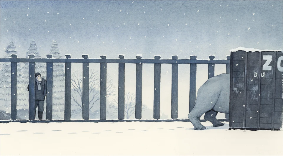 Sudan and a person separated by a fence in the snow
