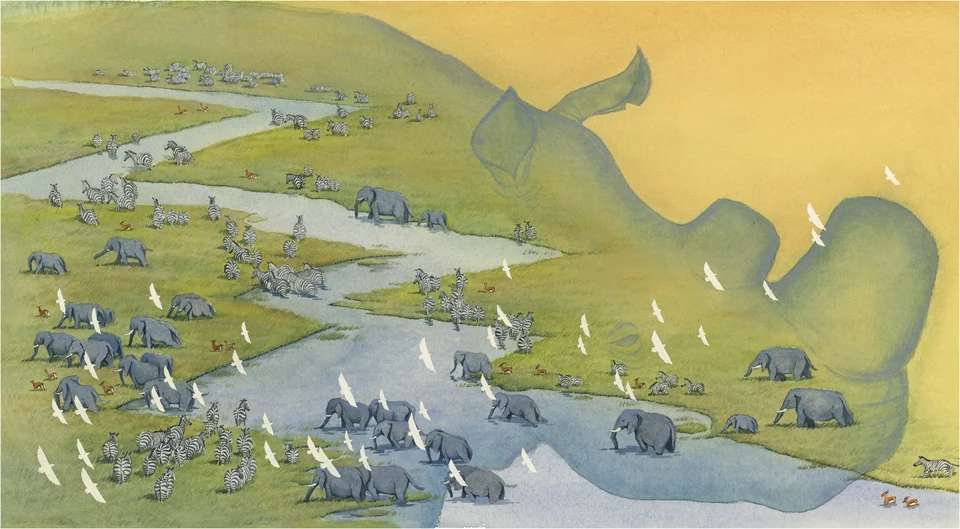 Sudan’s silhouette and a herd of rhinos in pale yellow-green grasslands