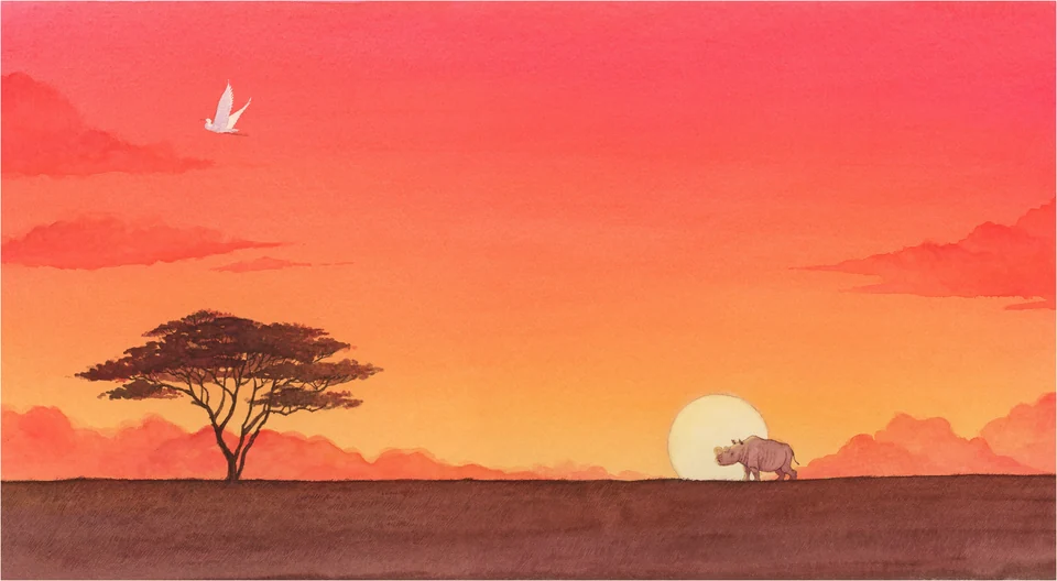 An acacia tree and a rhinoceros at sunset