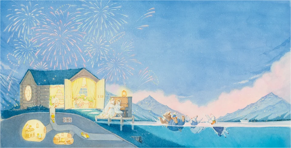 Fireworks above the lakeside house as the neighbors say goodbye in the water