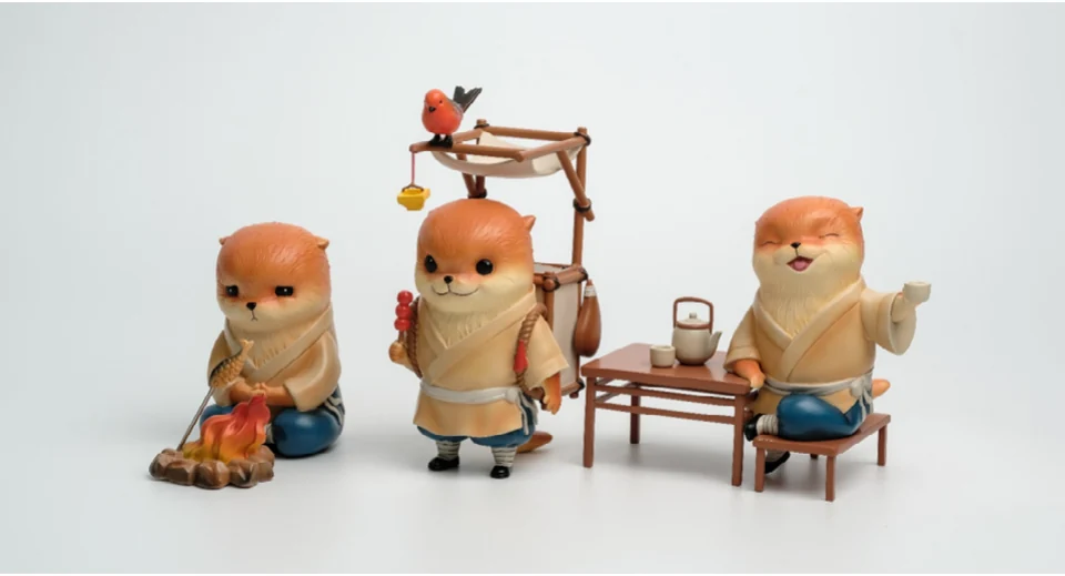 Three otter warrior figures with a chair and table