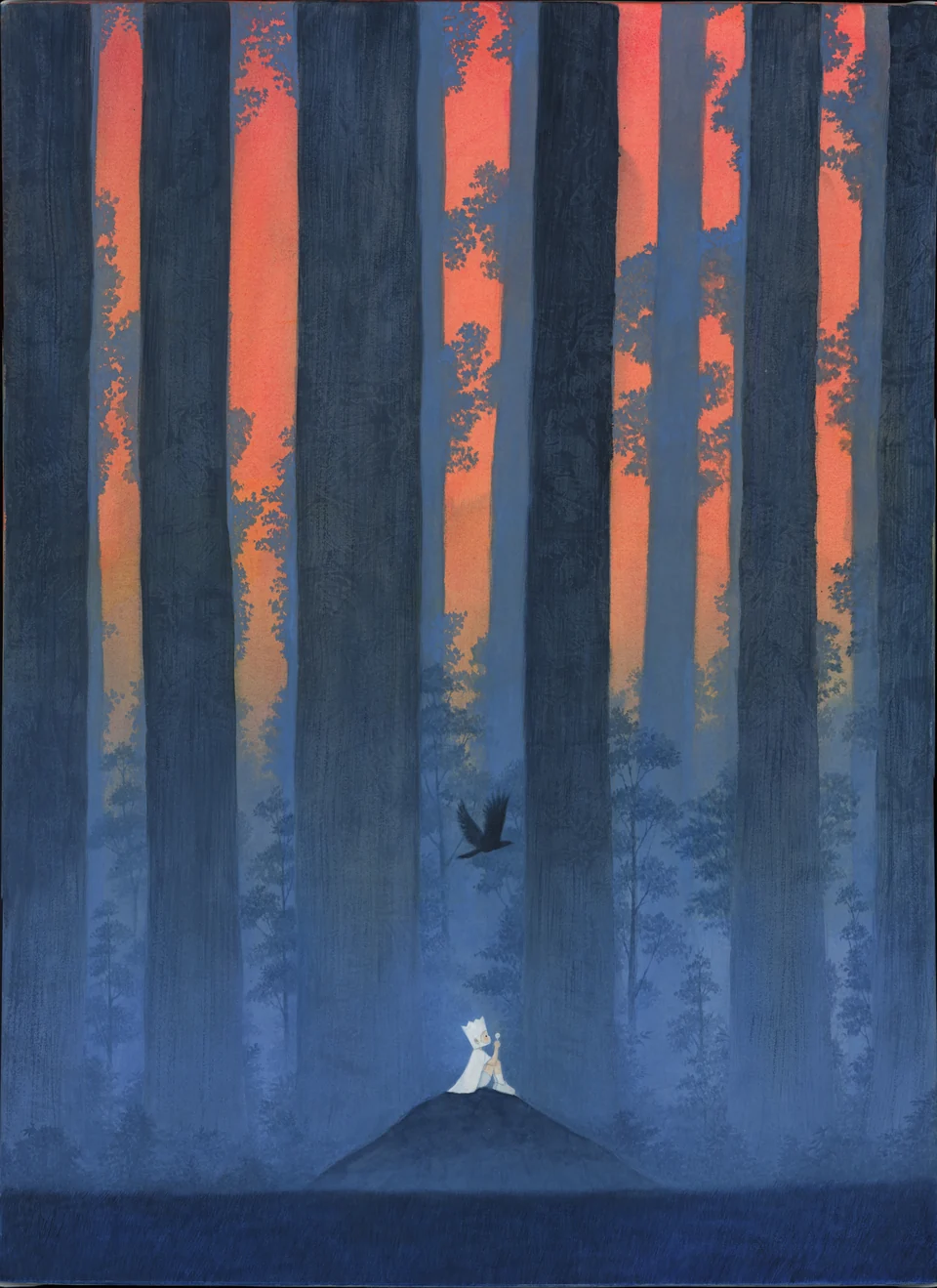 A shaft of light falls on the floor of a deep blue forest