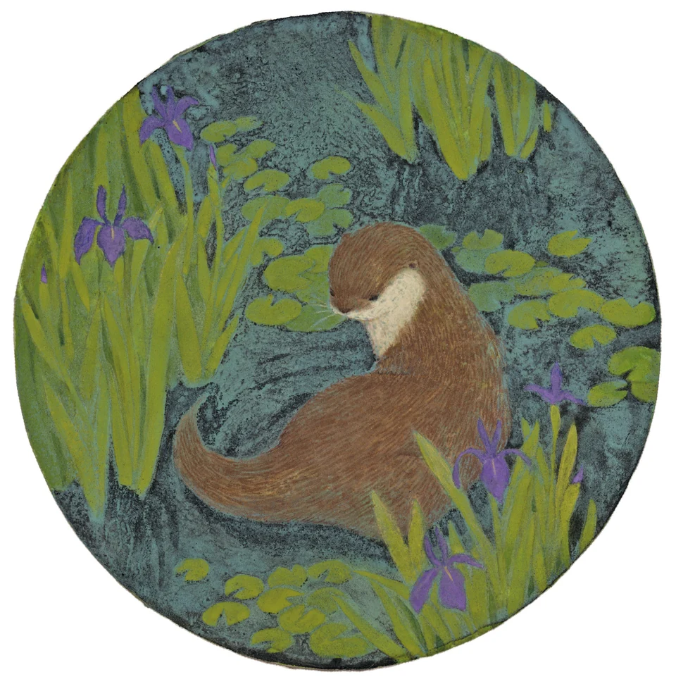 Circular painting of irises and an otter